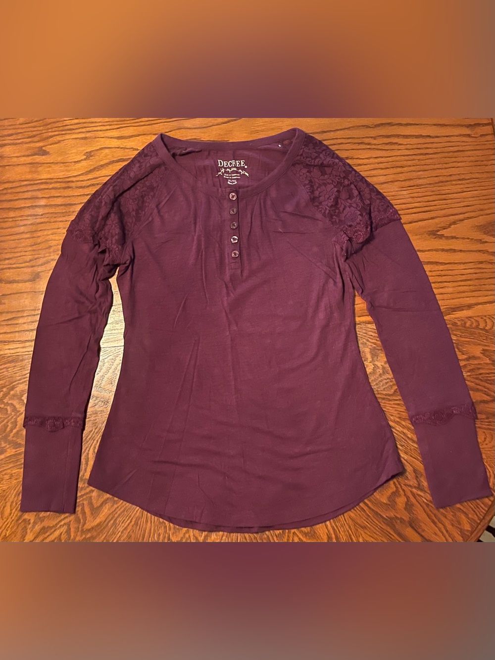 Decree Long Sleeve Lace Detail Henley Top in Plum- Size XL